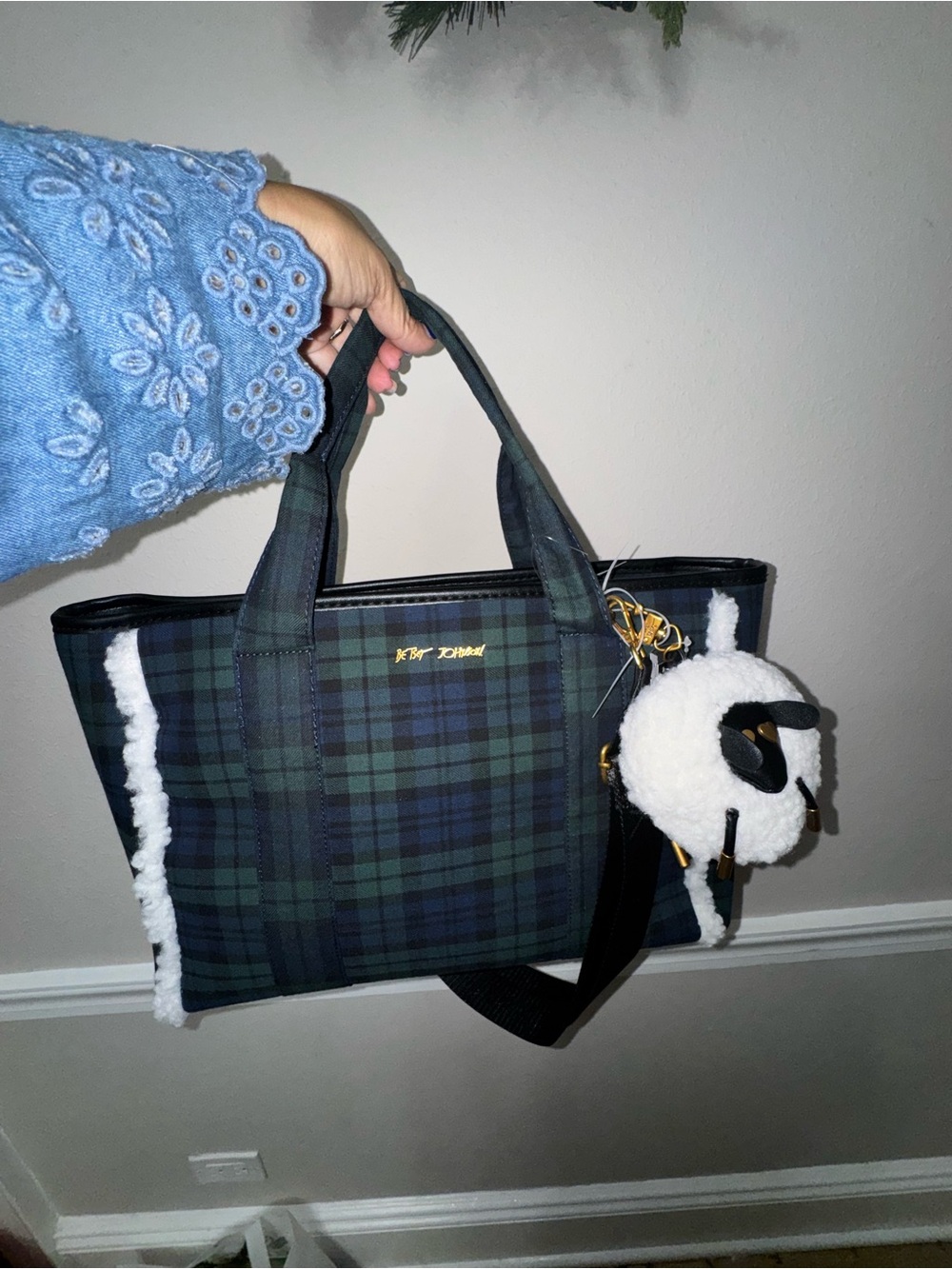 Betsey Johnson Green & Navy Tartan Tote with Sheep Charm